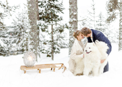 mariage à Bolquère, les mariés avec des chiens dans la neige