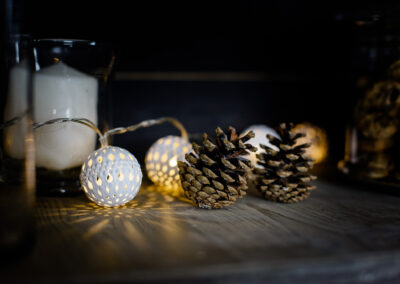 mariage à Bolquère, décoration mariage hivernal pommes de pin et guirlande lumineuse